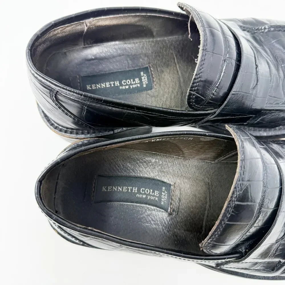 Vintage 90s Kenneth Cole Black Leather Croc Embossed Loafers 8.5 Made in Italy